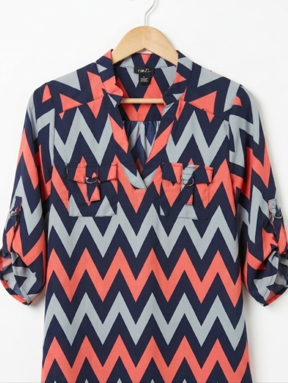 Rue21 Navy, Coral & Light Gray Chevron Tunic